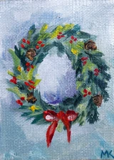 ACEO ORIGINAL oil painting  - Christmas Wreath  - 2.5x3.5 in artist MK