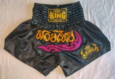 TOP KING Black & Gold Satin Graphic Print Boxing Trunks Size Medium