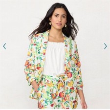 LC Lauren Conrad Fruited Vines Blazer Women XL White Cherries Ruched Sleeves