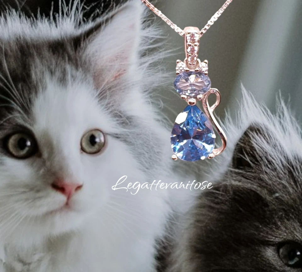 Collana donna Argento 925. Pendente acquamarina Gattino goccia azzurro. Pendente - Immagine 2 di 4