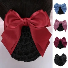Lady Satin Bow Barrette Hair Clip Cover Net Bun Snood Bowknot Women Girl Elegant