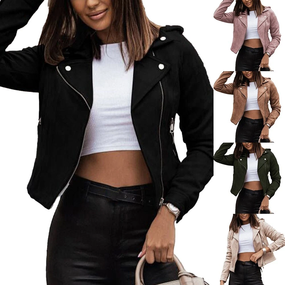 Long Sleeve Slim Fit Suede Jackets for Women Lapel Neck Solid