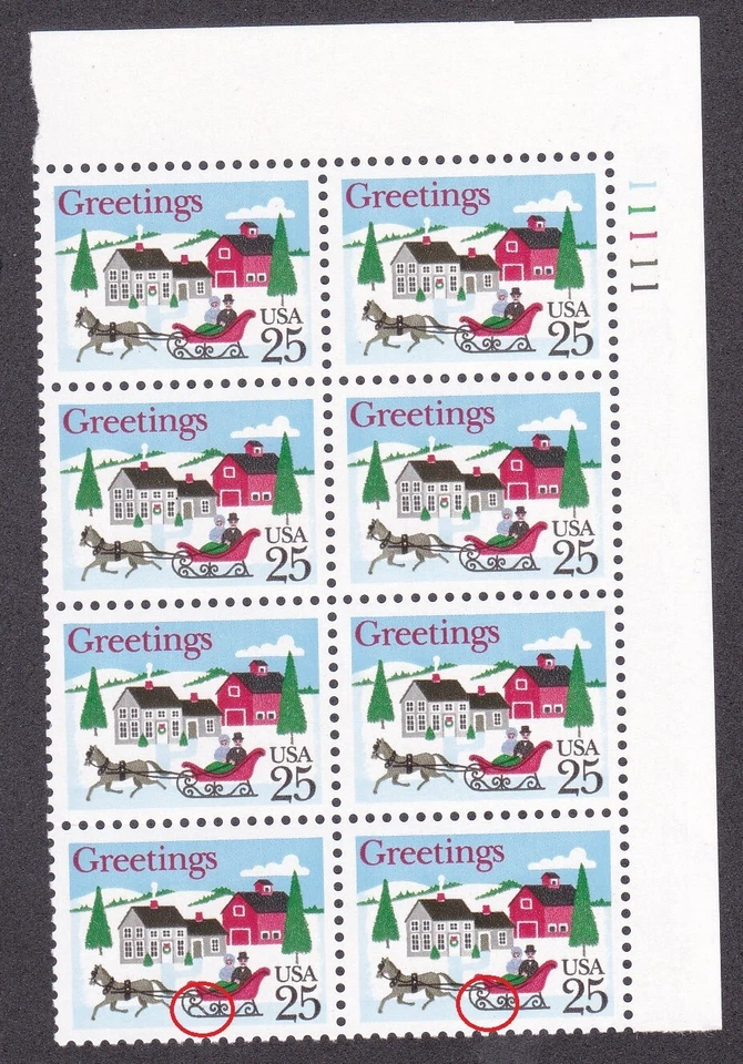 #2400 1988 25c Christmas Sleigh Stamps EXTREMELY RARE ERROR Plate Block of 8 NEW - Image 3 of 3