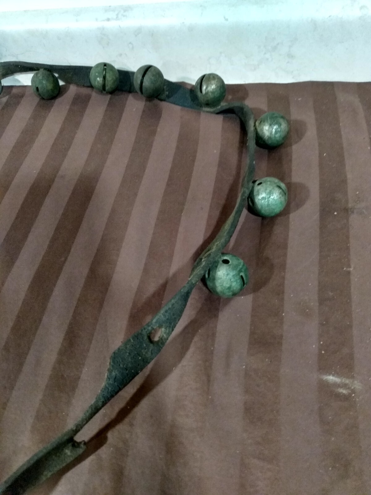 Antique Brass Sleigh Bells 60in Leather Strap 15 Bells Weathered