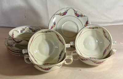 5 Victoria Czechoslovakia Floral Garland Cream Soup Bowls With Liners ...