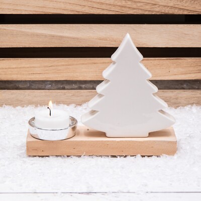 Weißer Keramik Weihnachtsmann Rentier Weihnachtsbaum Teelicht Kerzenhalter Holzsockel