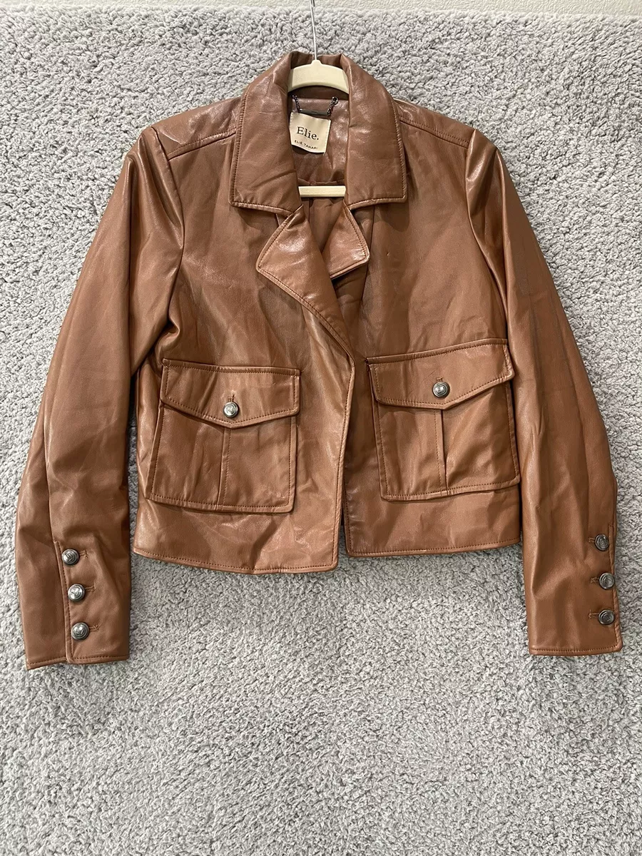 Elie Tahari Women Small Brown Faux Leather Jacket Saddle front