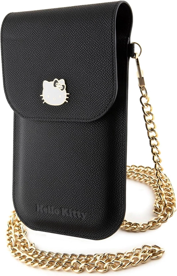 Hello Kitty Leather Metal Logo Chain Universal Phone Bag Pouch Black - Image 3 of 4