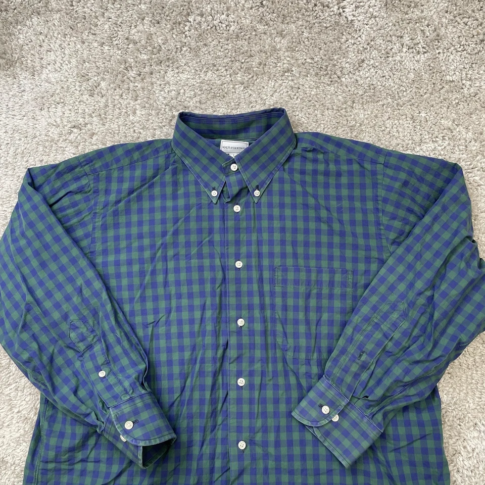 Maus & Hoffman Shirt Mens Large Blue Green Plaid Button Down Egyptian Cotton - Image 2 of 4