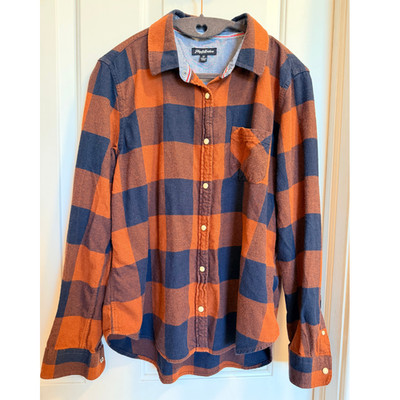 Flag & Anthem Plaid Flannel Shirt Men s Medium Orange Blue Button Down