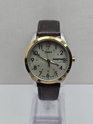 Timex South Street Mens Two Tone Day Date Watch Brown Strap Indiglo New Battery