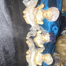 Set of 3 Baby Dolls Curly Pink Blue Blonde Hair Lace Dress Gold Trim Blue Eyes