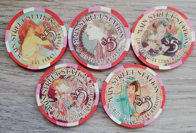 $5 Las Vegas Main Street Station Mucha Casino Chip Set of 5 - Uncirculated