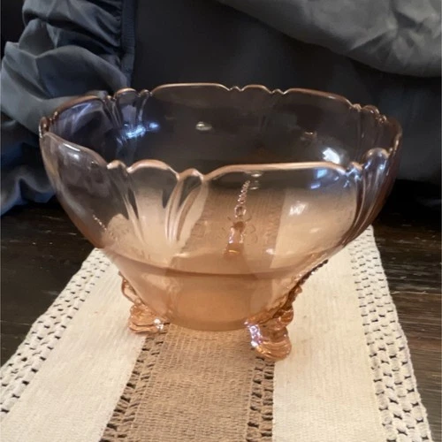 Vintage Pink Depression Glass Footed Bowl with Three Toes