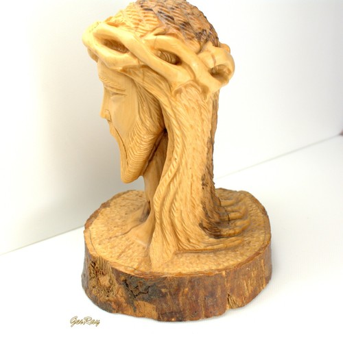 Vintage Bust of Jesus Head Hand Carved Wooden Olive Wood, Jesus Carved Statuette - Picture 5 of 8