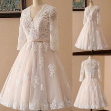 Blush Pink Short Wedding Dress Long Sleeves Lace Appliques A Line Bridal Gowns