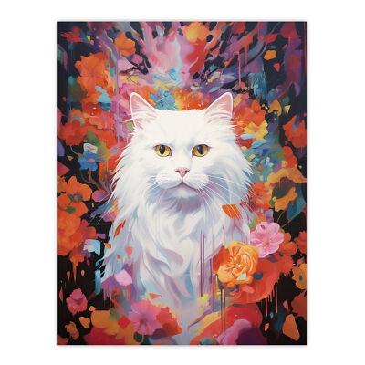 Reinweiße Katze Liebhaber Geschenk Haustier Portrait buntes Gemälde Wandbild Poster Druck