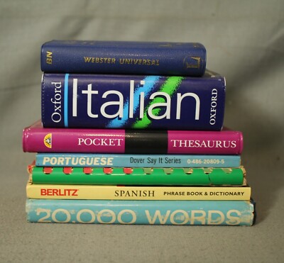 lot of 7 small pocket size language study books Portuguese Webster dictionary et
