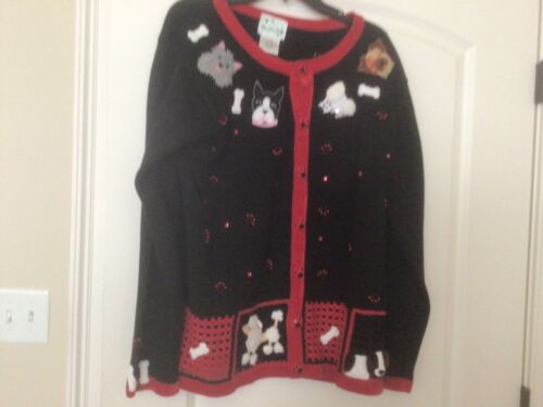 Quacker Factory Embroidered Beaded Dog Poodle Cardigan Sweater Black Women Sz L