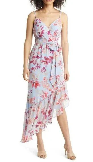 Eliza J Blue Floral V-Neck Tie Waist Sleeveless Asymmetric Dress Size 8  NWOT | eBay