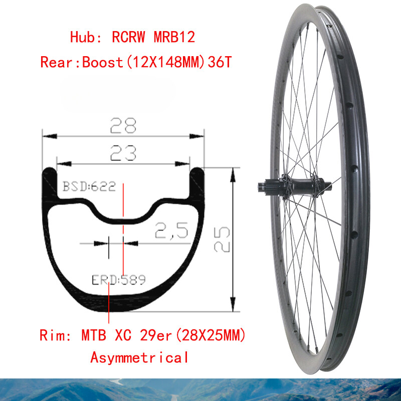 29er MTB Bicycle XC Rear Carbon Wheel 28*25mm Asymmetrical