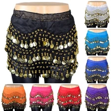 158 Gold Coins Women's Belly Dance Hip Scarf Skirt Wrap Chiffon Sequins Beads