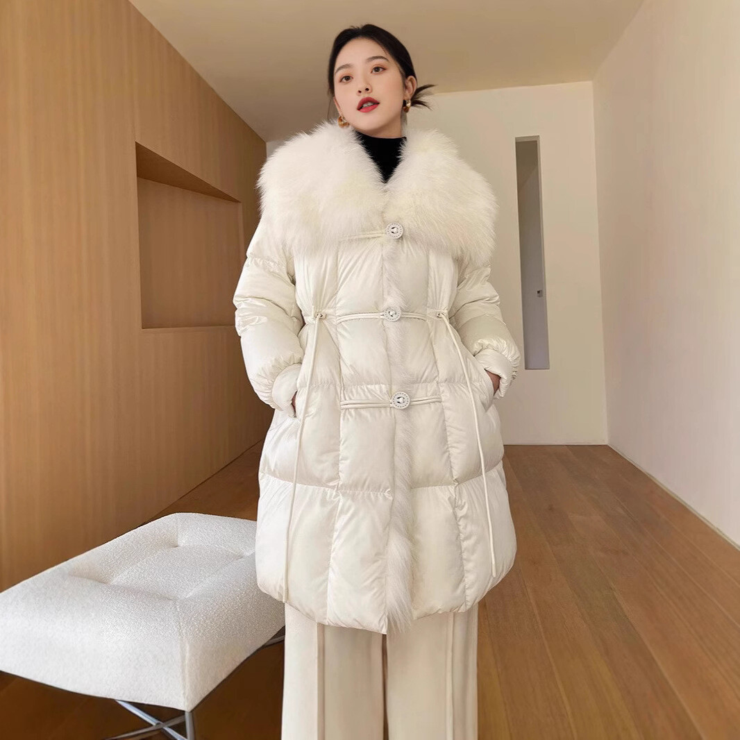 Luxury Real Fox Fur Big Collar Womens Down Puffer Jacket Mid Long