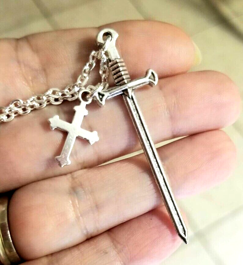 Silver Cross Sword Necklace Sword Jewelry Mens Cross Necklace