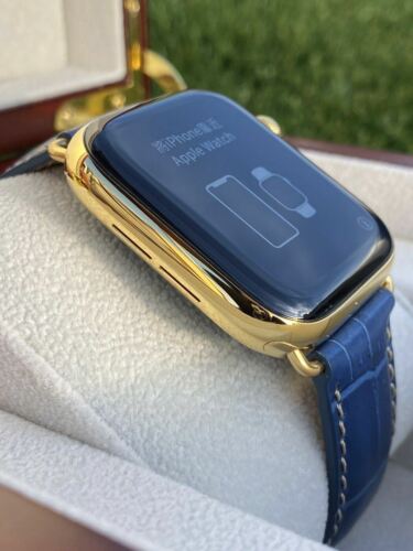 24K Gold Plated 44MM Apple Watch SERIES 6 Stainless Steel Blue Band GPS LTE O2 - Picture 1 of 10