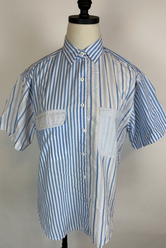 Vintage 90s Mixed Stripe Shirt M Boxy Fit Preppy Short Sleeve Blue White FLAW - Picture 2 of 12