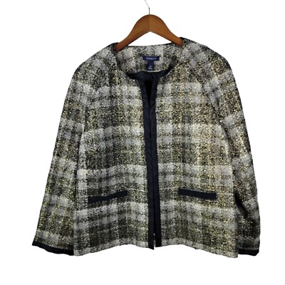 New Lands End Blazer Swing Jacket Plus size 16 Tweed Gold Metallic Wool Plaid