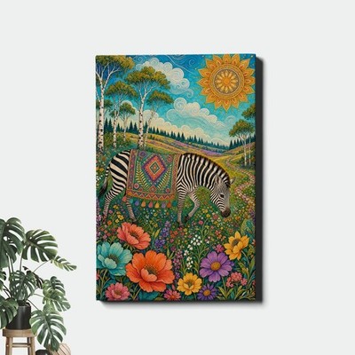 Whimsical zebra in floral meadow with birch trees and sun Canvas Print