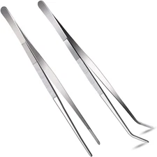 2 Pcs 12 Inch Long Handle Stainless Steel Straight and Curved Tweezers Nippers, 