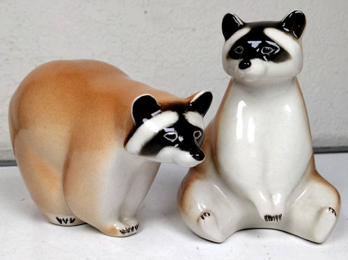 Vintage 1980s Lomonosov USSR Porcelain Pair of Raccoons Figurines Russian Art