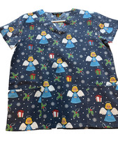 UNIFORM CHRISTMAS SCRUB TOP CASSANDRA ANGELS,HOLLY, SNOWFLAKES PREOWNED G-15