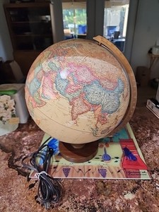 Vintage 12" Replogle Light Up Globe  World Premier Model Raised Relef Wood Base