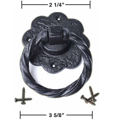 10pk Renovators Supply Black Wrought Iron Ring Cabinet Pull 4.75" Roped Flower - Picture 2 of 5
