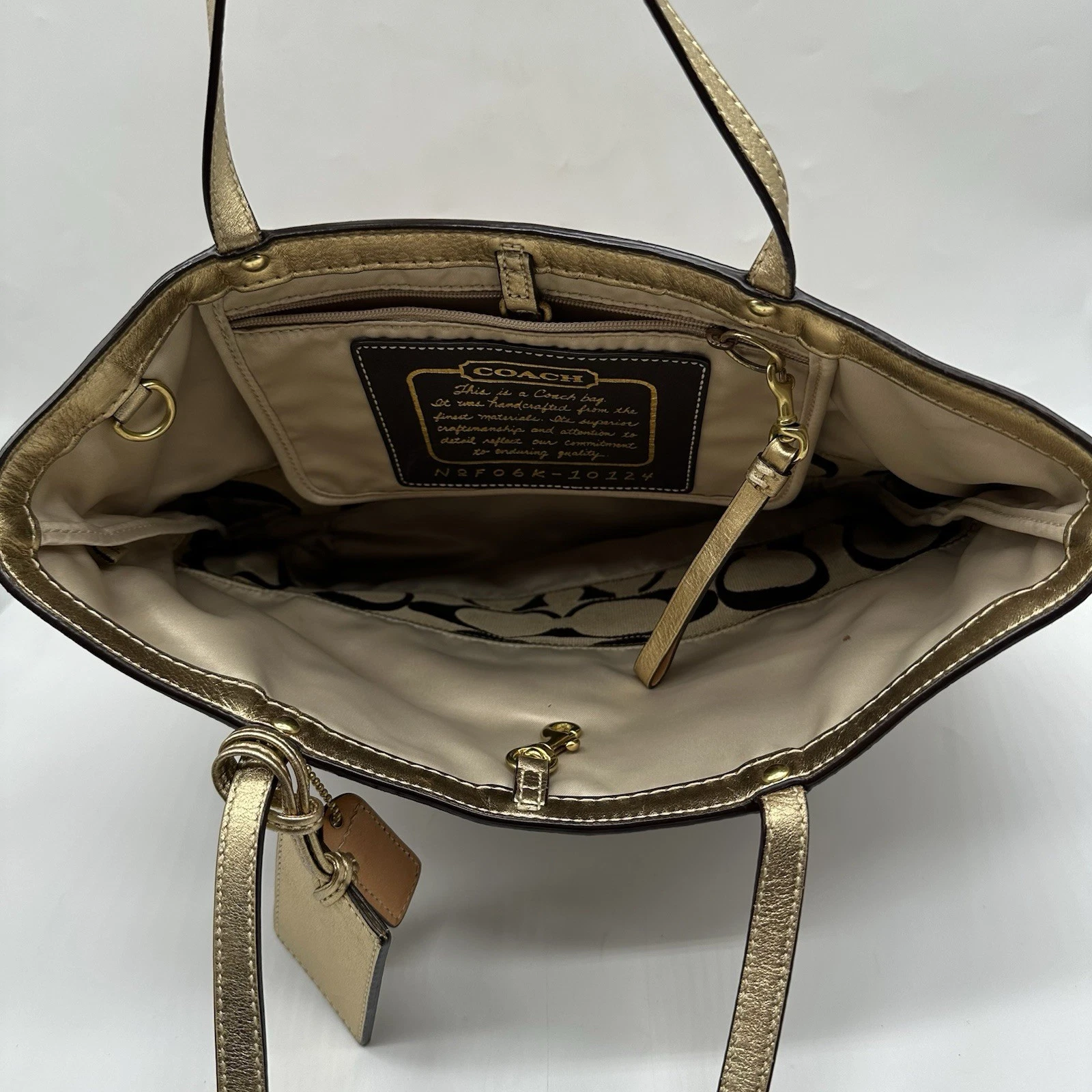 Borsa Coach Signature a righe kaki e cremisi tela pelle tote bag vintage nuova con etichetta