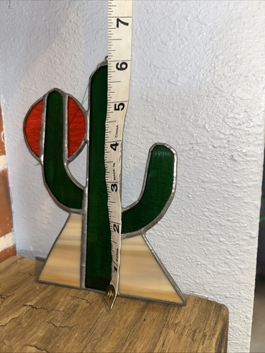 Stained Glass Cactus 6 x 4 Suncatcher Southwest Orange Green Handmade Hang Ring - Picture 7 of 8