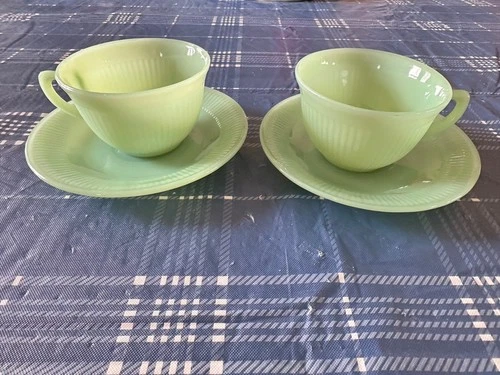 2 Fire King Jade Jadeite Ribbed Tea / Coffee Cups & Saucers Set Jane Ray
