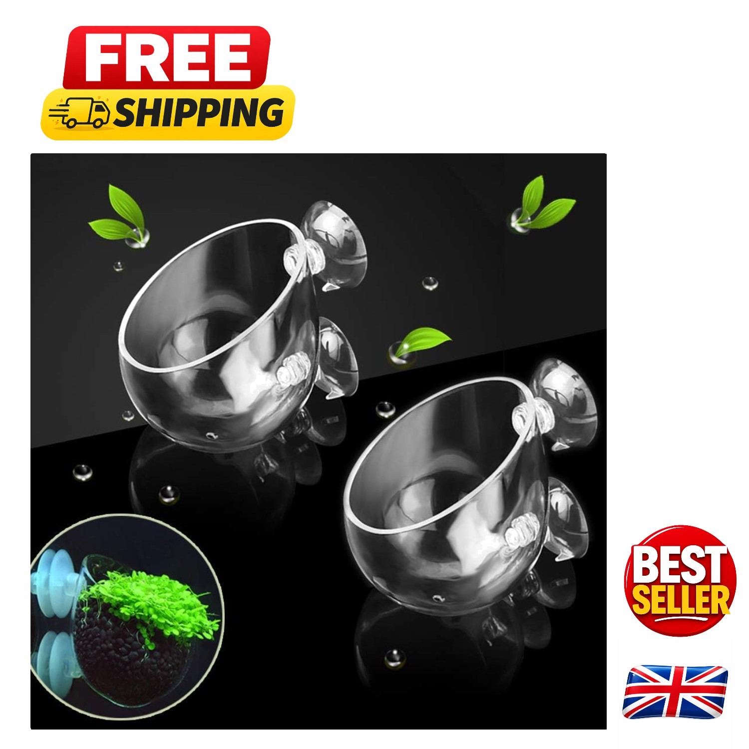 Elegant 2X Crystal Glass Aquarium Plant Pots with Suction Cups - Modern Décor