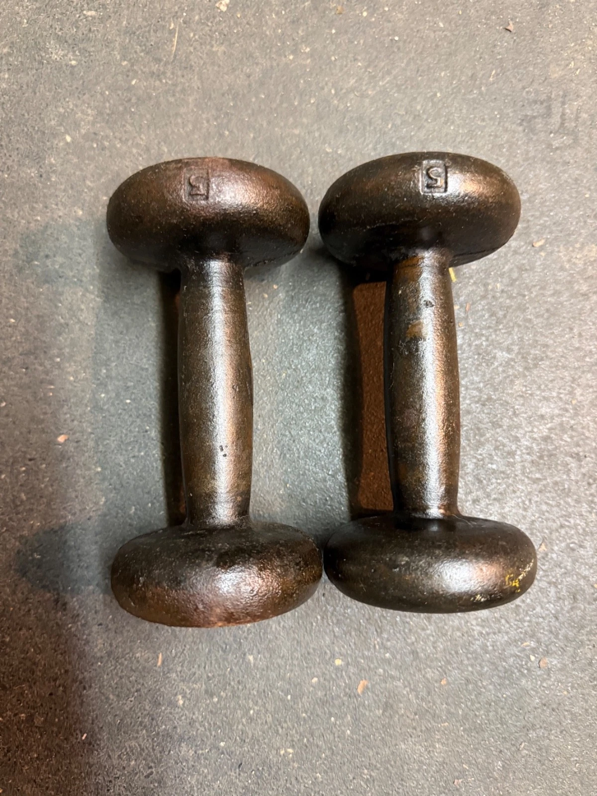 Vintage Bun 5lb double stamped cast iron dumbells