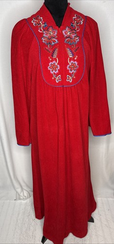 Vintage Vanity Fair roter Damen Hausmantel Bademantel große Stickerei Blumen USA