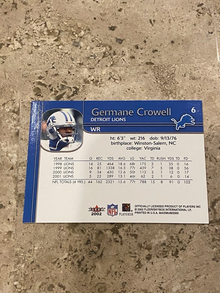 #’d /250 - 2002 Fleer Maximum To The Max Germaine Crowell Detroit Lions PWE - Image 3 of 3