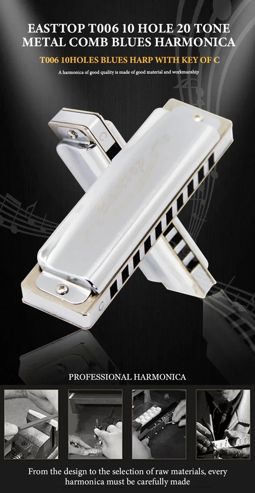 T006 10 agujeros 20 tonos latón peine latón caña blues instrumento armónica Foto 2 de 4