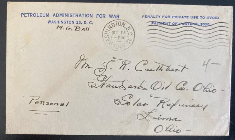 1943 Washington DC USA Petroleum Administration For War Cover To Standard Oil