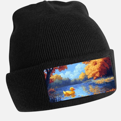 Black Beanie Hat with Cool Rubber Duck Motif - Unisex Cap, Cotton