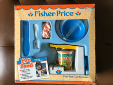 FISHER PRICE PLAY FOOD CAN OPENER SET VEGS SOUNDS   NEW BOX 2112   EXC RARE 1987