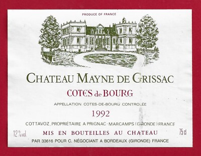 89/73 Etikett BORDEAUX Côtes de BOURG 1992 Château Mayne de Grissac