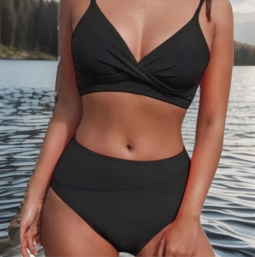 Cupshe Womens 2 Piece Large Black Bikini V-Neck Twist Front